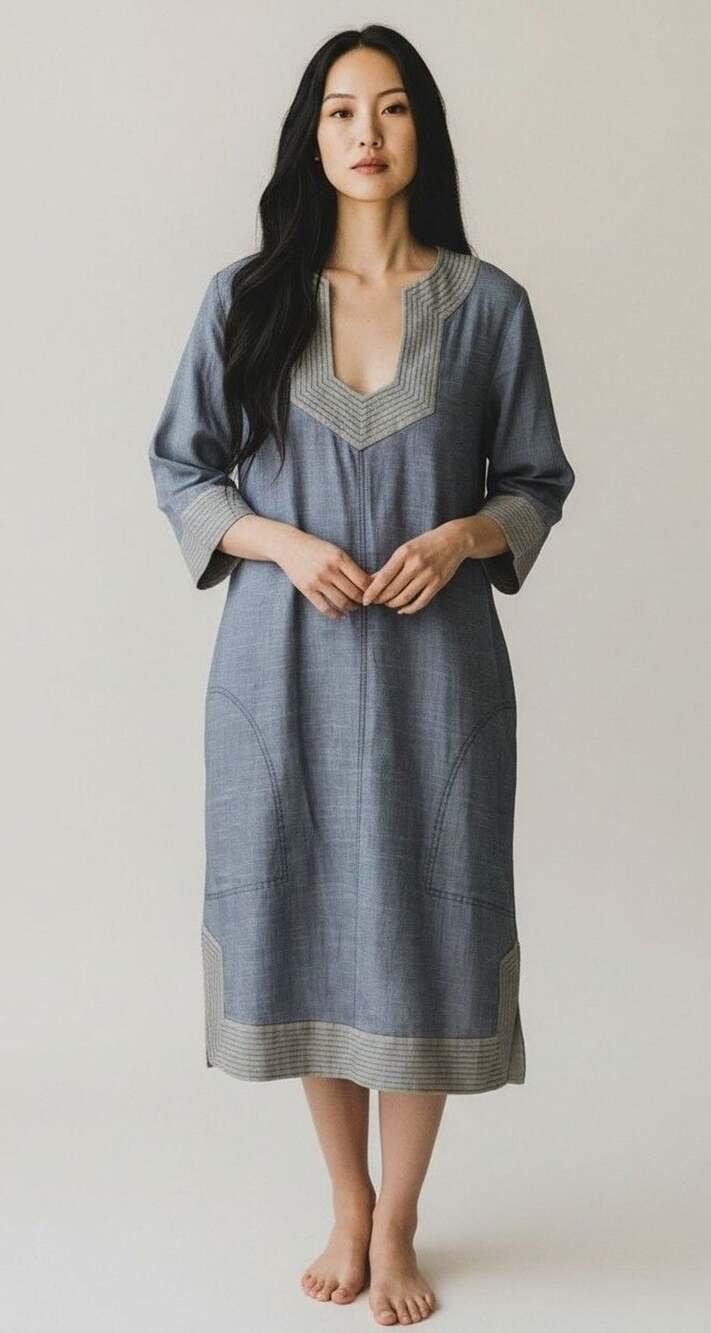 Trina Turk Shift Dress Blue Chambray Linen Tunic